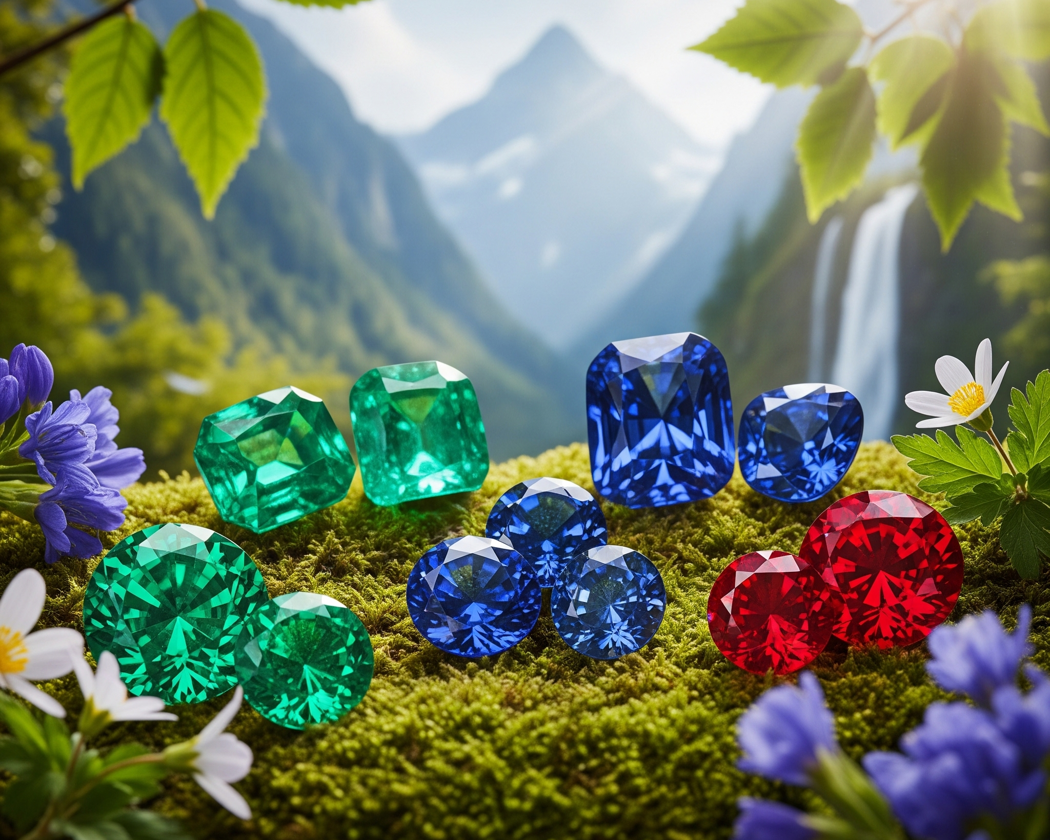 Collage image featuring several different colorful lab-grown gemstones (emerald, sapphire, ruby, alexandrite, moissanite) to highlight variety.