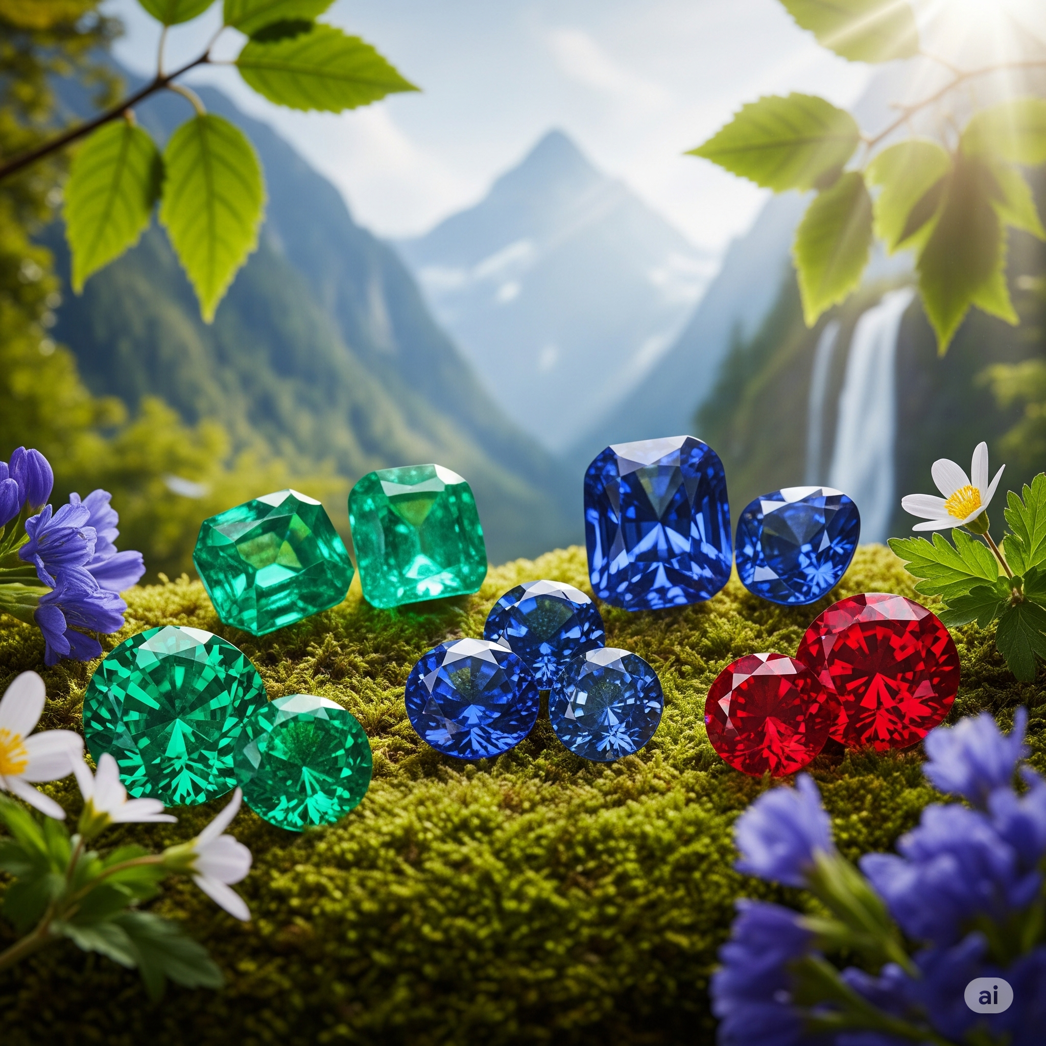 Collage image featuring several different colorful lab-grown gemstones (emerald, sapphire, ruby, alexandrite, moissanite) to highlight variety.