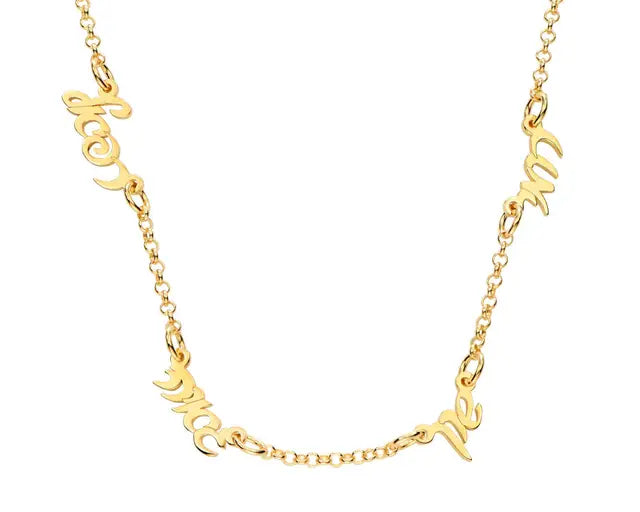 Close-up of a necklace featuring multiple small nameplates or initials, each representing a different loved one (e.g., children's names).