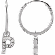 14K White .04 CTW Natural Diamond Single Initial P Hoop Earring