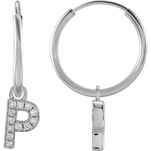 14K White .04 CTW Natural Diamond Single Initial P Hoop Earring