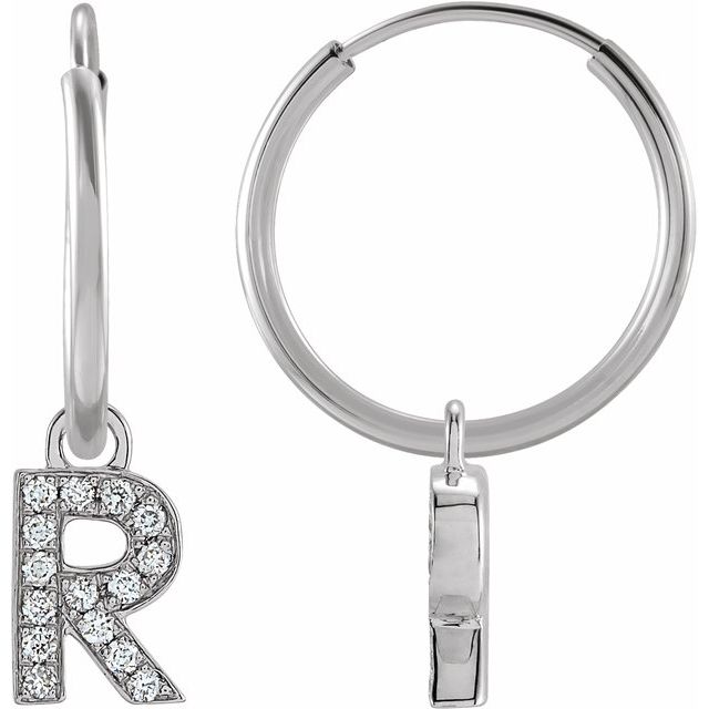 14K White .05 CTW Natural Diamond Single Initial R Hoop Earring