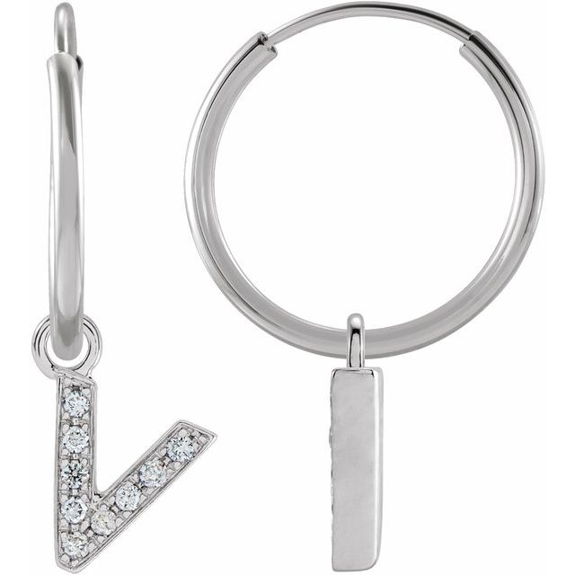 14K White .03 CTW Natural Diamond Single Initial V Hoop Earring