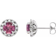 Sterling Silver 6 mm Natural Pink Tourmaline & 1/3 CTW Natural Diamond Halo-Style Earrings