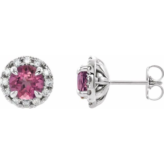 Sterling Silver 6 mm Natural Pink Tourmaline & 1/3 CTW Natural Diamond Halo-Style Earrings