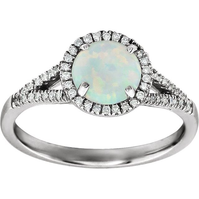 14K White Created Opal & 1/6 CTW Natural Diamond Ring