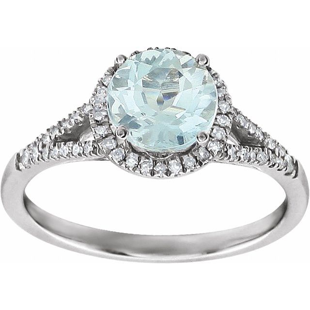 14K White Natural Aquamarine & 1/6 CTW Natural Diamond Ring
