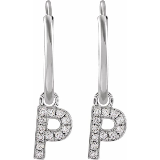 14K White .04 CTW Natural Diamond Single Initial P Hoop Earring