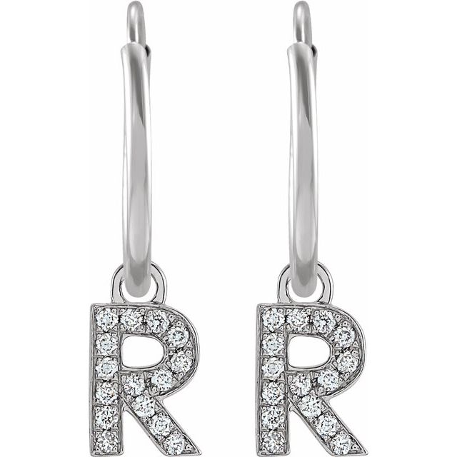 14K White .05 CTW Natural Diamond Single Initial R Hoop Earring