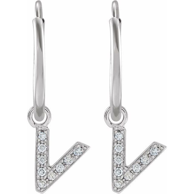 14K White .03 CTW Natural Diamond Single Initial V Hoop Earring