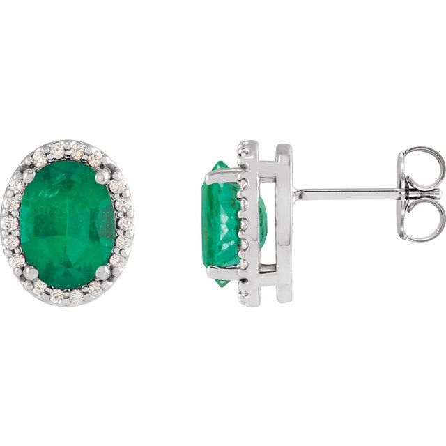 Sterling Silver 6x4 mm Lab-Grown Emerald & .06 CTW Natural Diamond Halo-Style Earrings