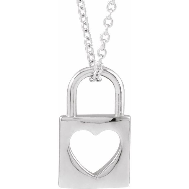 Platinum 13.6x9 mm Cutout Heart Lock 16-18" Necklace