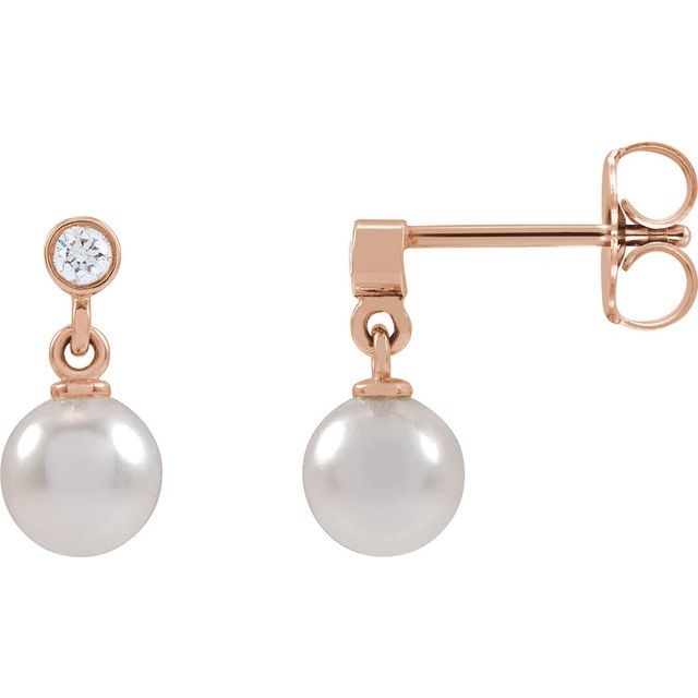 14K Rose Cultured White Akoya Pearl & .06 CTW Natural Diamond Earrings