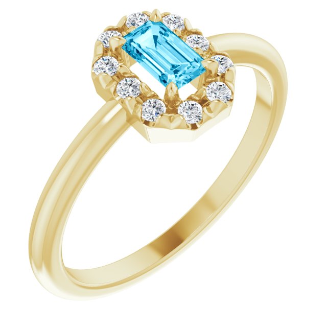 14K Yellow Natural Aquamarine & 1/8 CTW Natural Diamond French-Set Halo-Style Ring