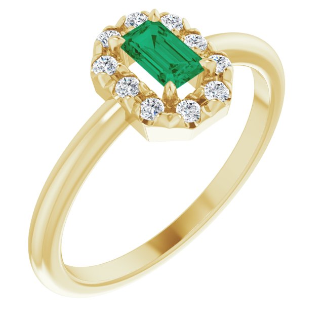 14K Yellow Natural Emerald & 1/8 CTW Natural Diamond French-Set Halo-Style Ring
