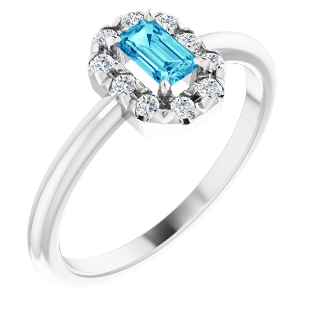 14K White Natural Blue Zircon & 1/8 CTW Natural Diamond French-Set Halo-Style Ring