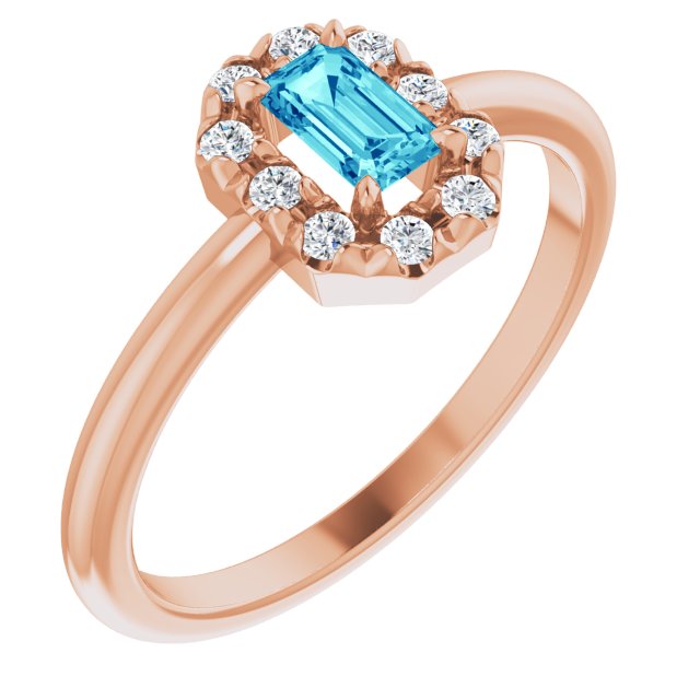 14K Rose Natural Blue Zircon & 1/8 CTW Natural Diamond French-Set Halo-Style Ring