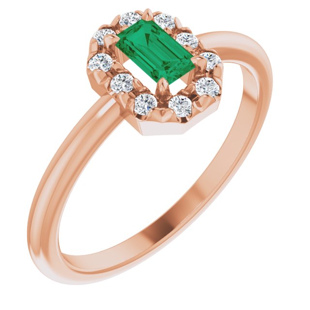14K Rose Lab-Grown Emerald & 1/8 CTW Natural Diamond French-Set Halo-Style Ring