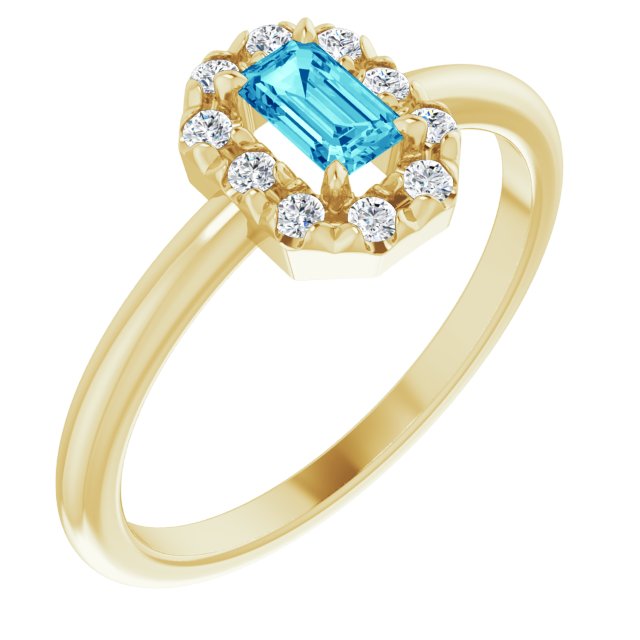 14K Yellow Natural Blue Zircon & 1/8 CTW Natural Diamond French-Set Halo-Style Ring