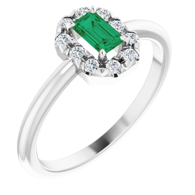 14K White Lab-Grown Emerald & 1/8 CTW Natural Diamond French-Set Halo-Style Ring