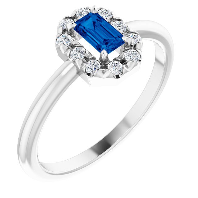 14K White Natural Blue Sapphire & 1/8 CTW Natural Diamond French-Set Halo-Style Ring