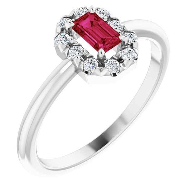 14K White Lab-Grown Ruby & 1/8 CTW Natural Diamond French-Set Halo-Style Ring
