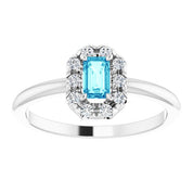 Sterling Silver Natural Blue Zircon & 1/8 CTW Natural Diamond French-Set Halo-Style Ring