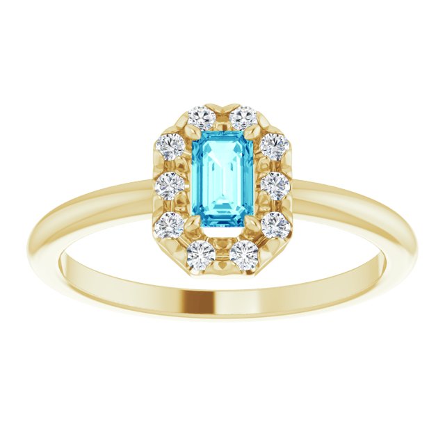 14K Yellow Natural Blue Zircon & 1/8 CTW Natural Diamond French-Set Halo-Style Ring