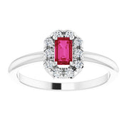 14K White Lab-Grown Ruby & 1/8 CTW Natural Diamond French-Set Halo-Style Ring