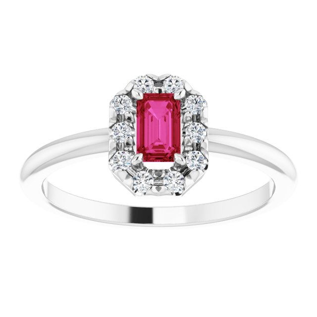 14K White Lab-Grown Ruby & 1/8 CTW Natural Diamond French-Set Halo-Style Ring