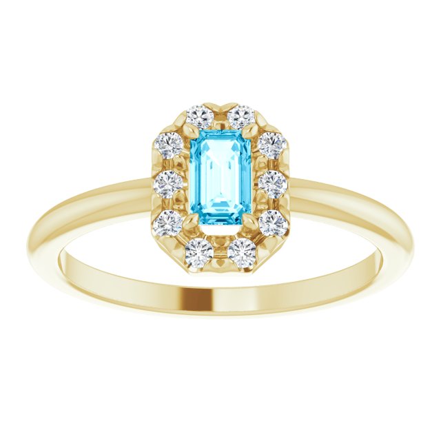 14K Yellow Natural Aquamarine & 1/8 CTW Natural Diamond French-Set Halo-Style Ring