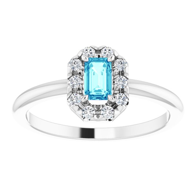 14K White Natural Blue Zircon & 1/8 CTW Natural Diamond French-Set Halo-Style Ring