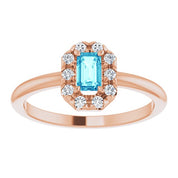 14K Rose Natural Blue Zircon & 1/8 CTW Natural Diamond French-Set Halo-Style Ring