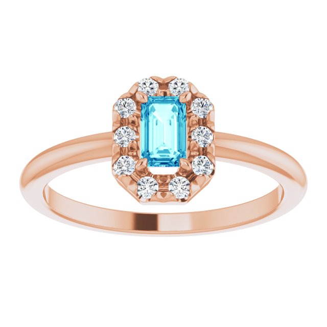 14K Rose Natural Blue Zircon & 1/8 CTW Natural Diamond French-Set Halo-Style Ring
