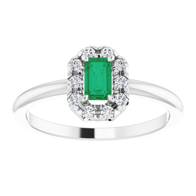 14K White Lab-Grown Emerald & 1/8 CTW Natural Diamond French-Set Halo-Style Ring