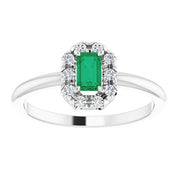 Sterling Silver Lab-Grown Emerald & 1/8 CTW Natural Diamond French-Set Halo-Style Ring