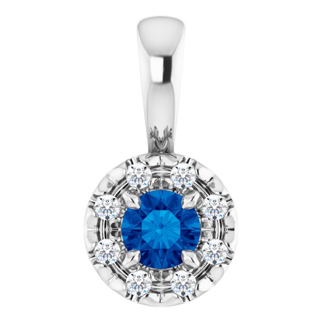 14K White 3 mm Natural Blue Sapphire & .03 CTW Natural Diamond Halo-Style Pendant