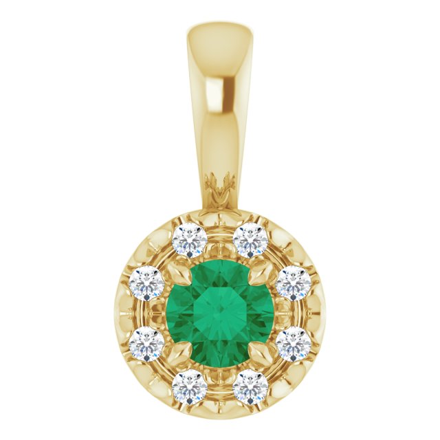 14K Yellow 3 mm Natural Emerald & .03 CTW Natural Diamond Halo-Style Pendant