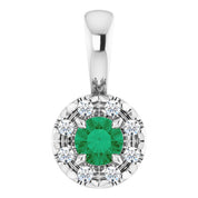 14K White 3 mm Lab-Grown Emerald & .03 CTW Natural Diamond Halo-Style Pendant
