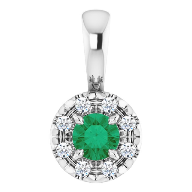 14K White 3 mm Lab-Grown Emerald & .03 CTW Natural Diamond Halo-Style Pendant