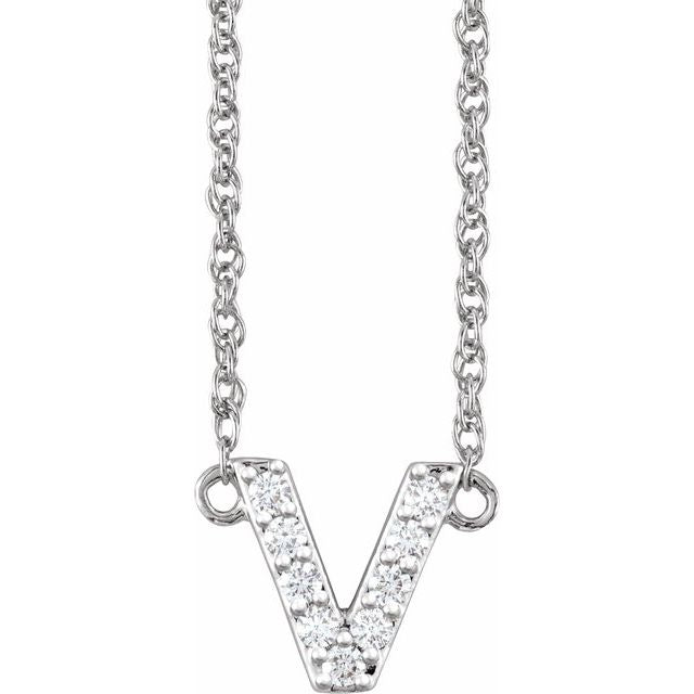 14K White 1/10 CTW Natural Diamond Lowercase Initial V 16" Necklace