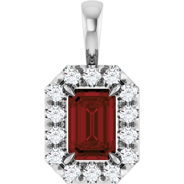 14K White 6x4 mm Natural Mozambique Garnet & 1/5 CTW Natural Diamond Halo-Style Pendant