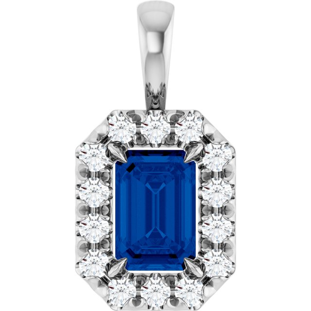 14K White 6x4 mm Natural Blue Sapphire & 1/5 CTW Natural Diamond Halo-Style Pendant