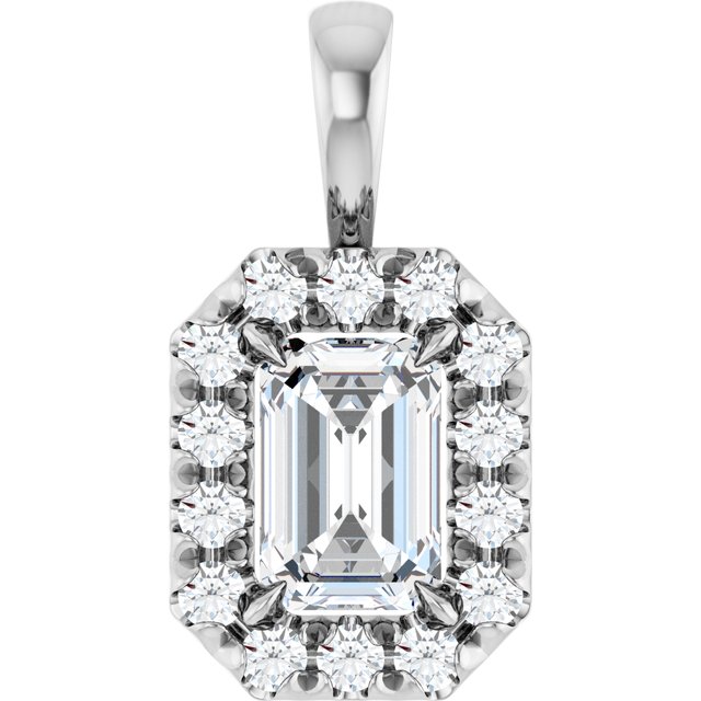 14K White 6x4 mm Natural White Sapphire & 1/5 CTW Natural Diamond Halo-Style Pendant