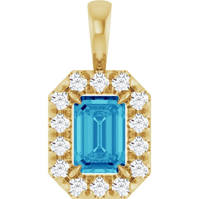 14K Yellow 6x4 mm Natural Blue Zircon & 1/5 CTW Natural Diamond Halo-Style Pendant