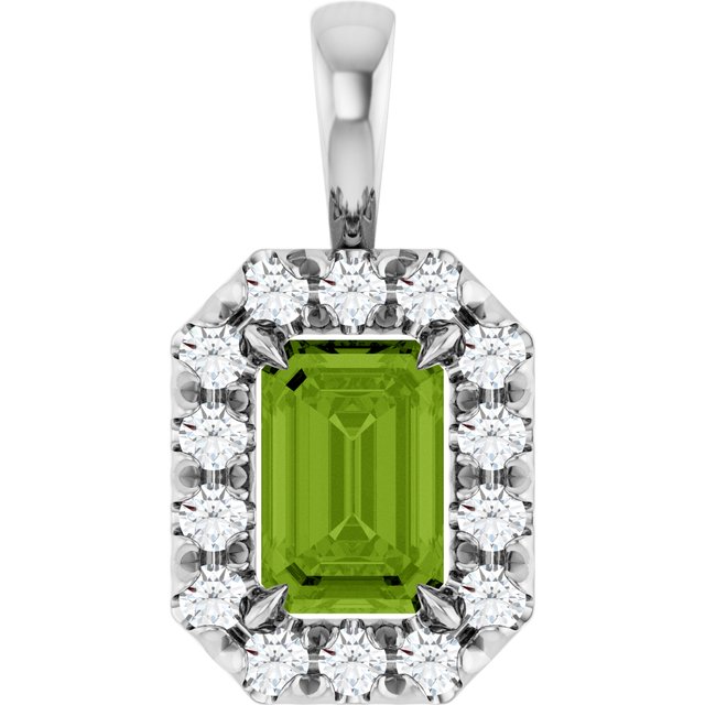 14K White 6x4 mm Natural Peridot & 1/5 CTW Natural Diamond Halo-Style Pendant