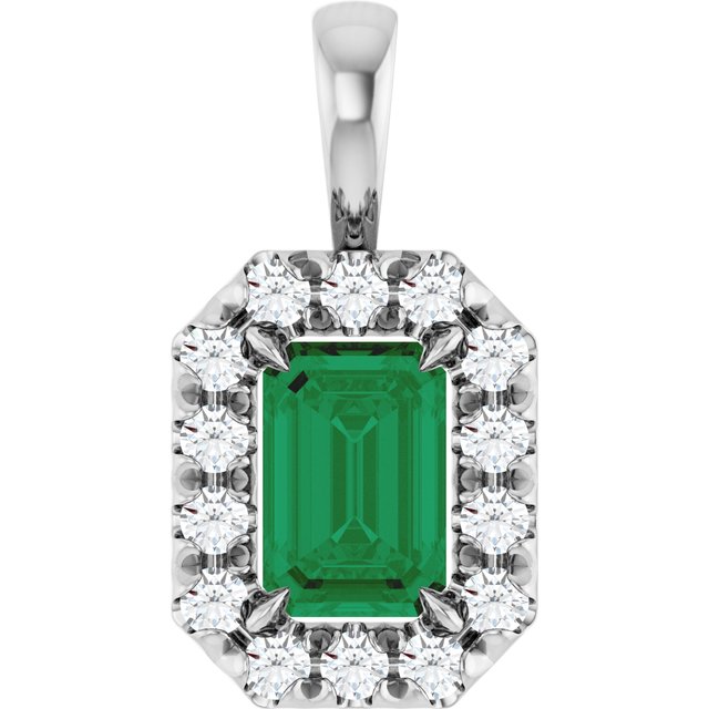 Sterling Silver 6x4 mm Natural Emerald & 1/5 CTW Natural Diamond Halo-Style Pendant