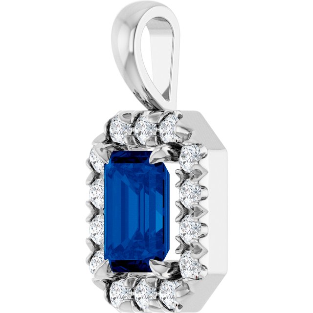 14K White 6x4 mm Natural Blue Sapphire & 1/5 CTW Natural Diamond Halo-Style Pendant