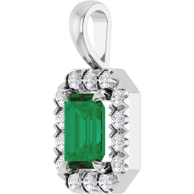 Sterling Silver 6x4 mm Lab-Grown Emerald & 1/5 CTW Natural Diamond Halo-Style Pendant