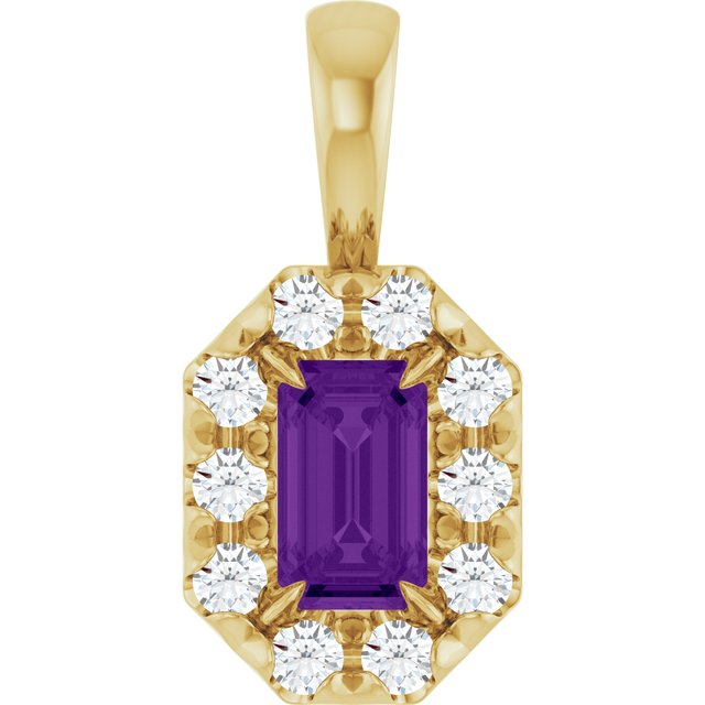 14K Yellow 5x3 mm Natural Amethyst & 1/8 CTW Natural Diamond Halo-Style Pendant